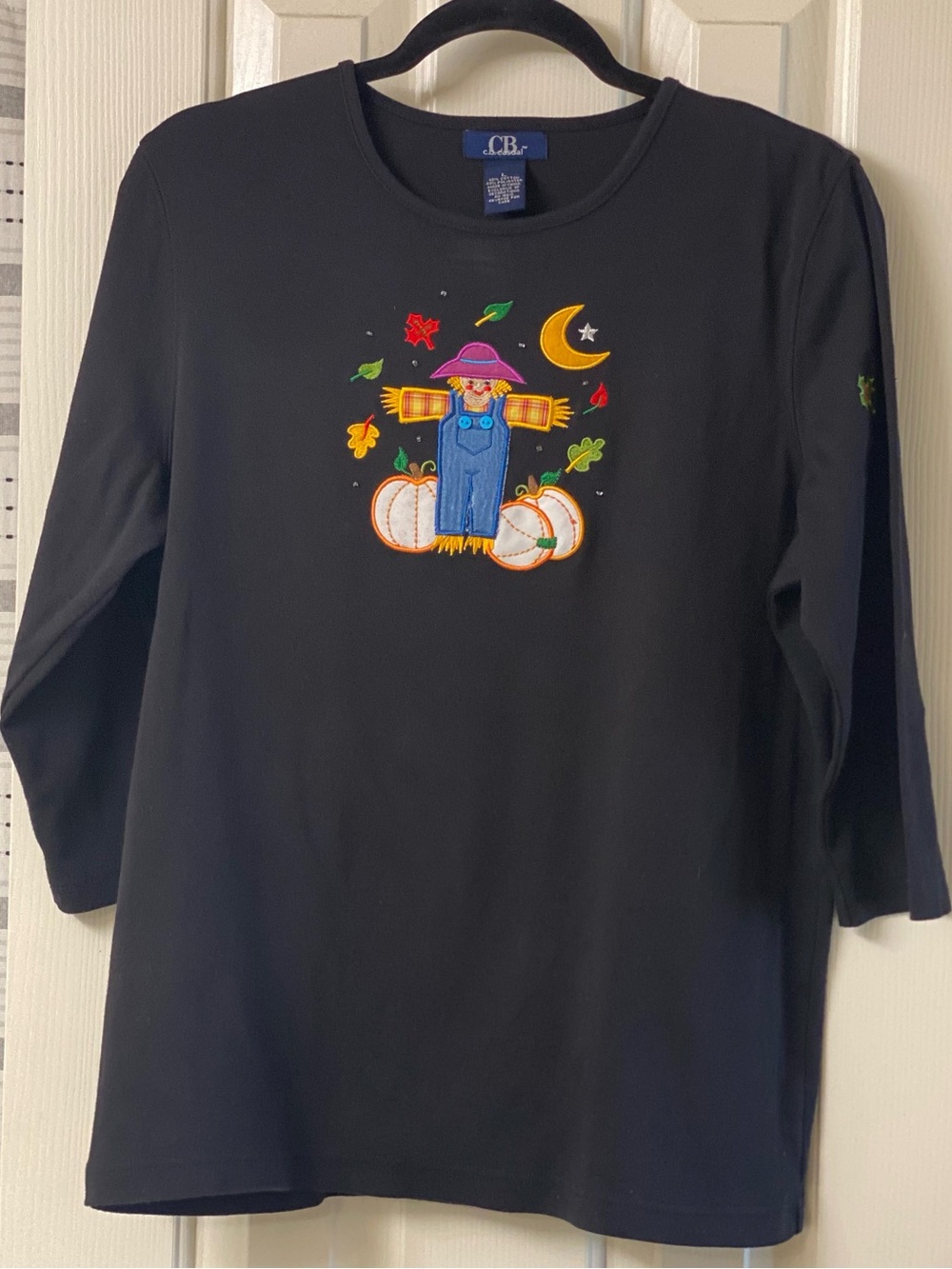 C.B. Casual Fall Scarecrow Pumpkin Embroidered Top Size Large